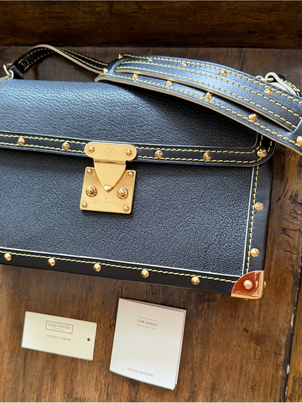 Louis Vuitton Black Suhali Leather Satchel with Gold Stud Accents
